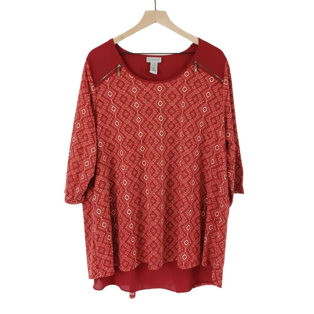 Catherines 1X 18/20W Red Zip Shoulder 3/4 Sleeve Southwest Knit Top Layered Look